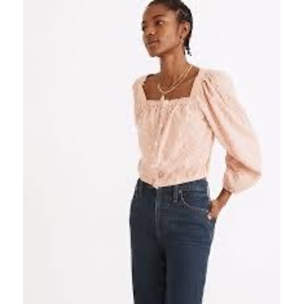 Madewell Striped Button Front Balloon Sleeve Crop Top Orange‎ White L
